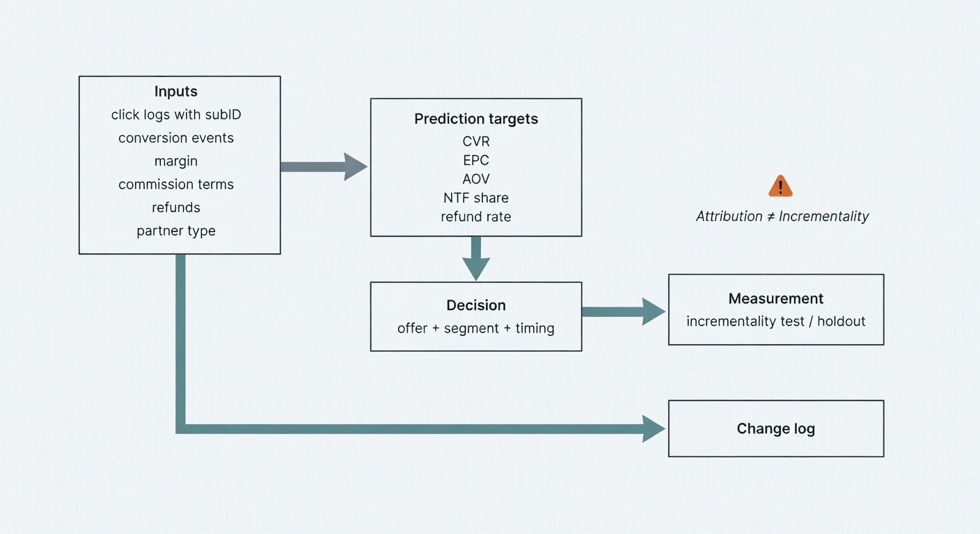 A simple loop diagram that ties tracking inputs to predictions, decisions, incrementality validation, and a change log—boring, repeatable, auditable.