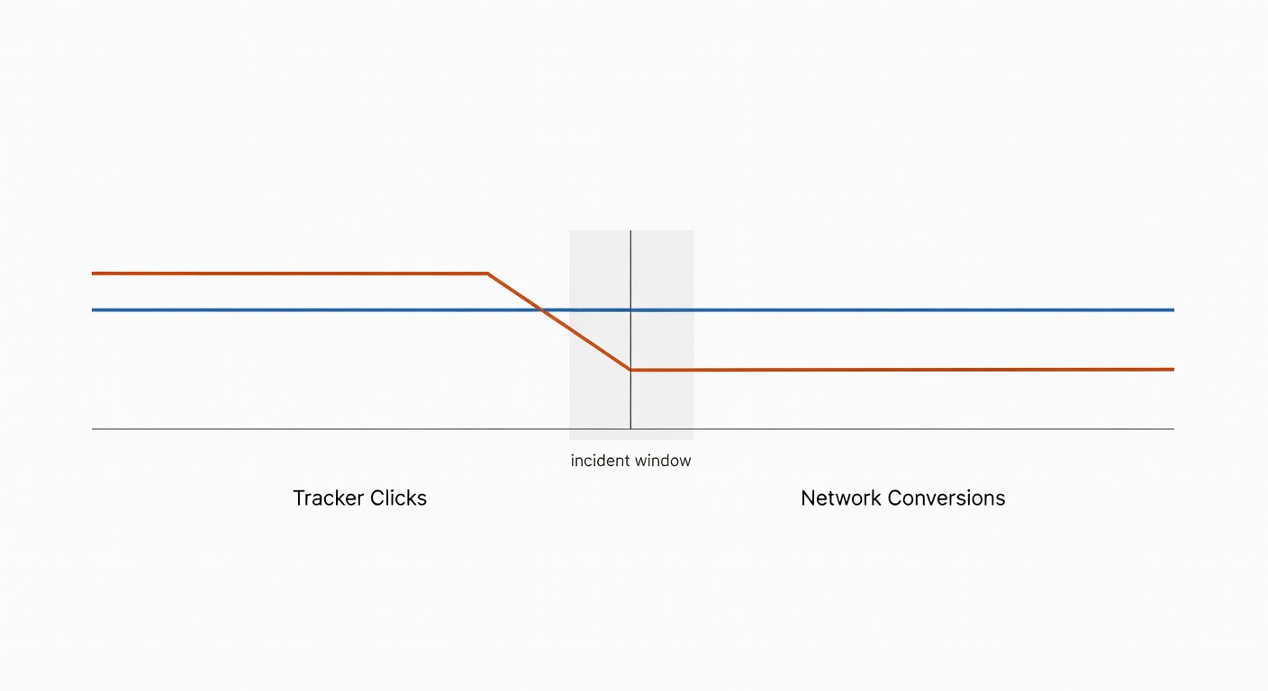A simple two-line chart where clicks stay steady but conversions fall off a cliff at one timestamp—the classic ‘it’s not traffic’ pattern.