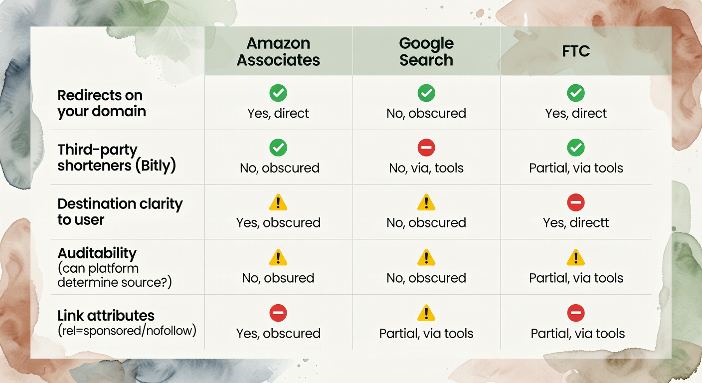 A compliance comparison matrix showing how Amazon, Google, and the FTC treat redirects, shorteners, clarity, auditability, and link attributes.