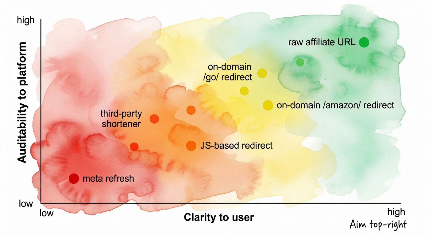 A risk heatmap plotting link methods by user clarity and platform auditability, with third-party shorteners and opaque redirects in the risky zone.