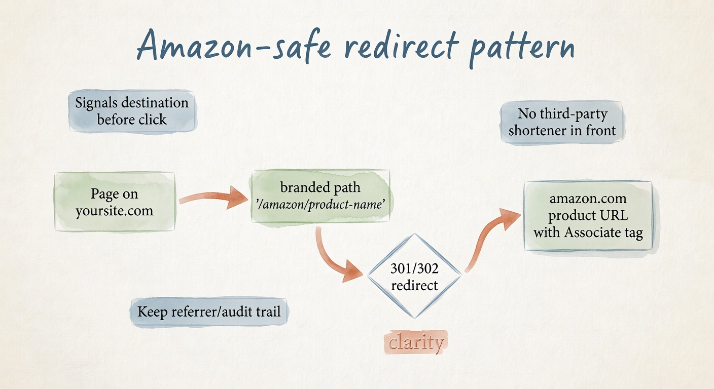A flowchart of an Amazon-friendly redirect: a clearly labeled /amazon/ link on your domain that redirects to an Amazon URL with your associate tag.