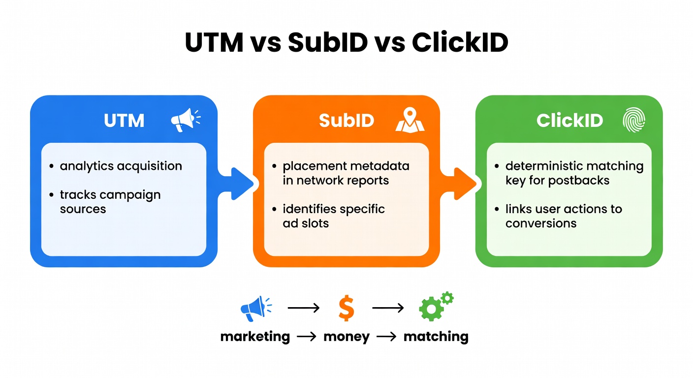 A flowchart clarifying what UTMs, SubIDs, and ClickIDs are for, and how they connect from marketing reporting to payout matching.