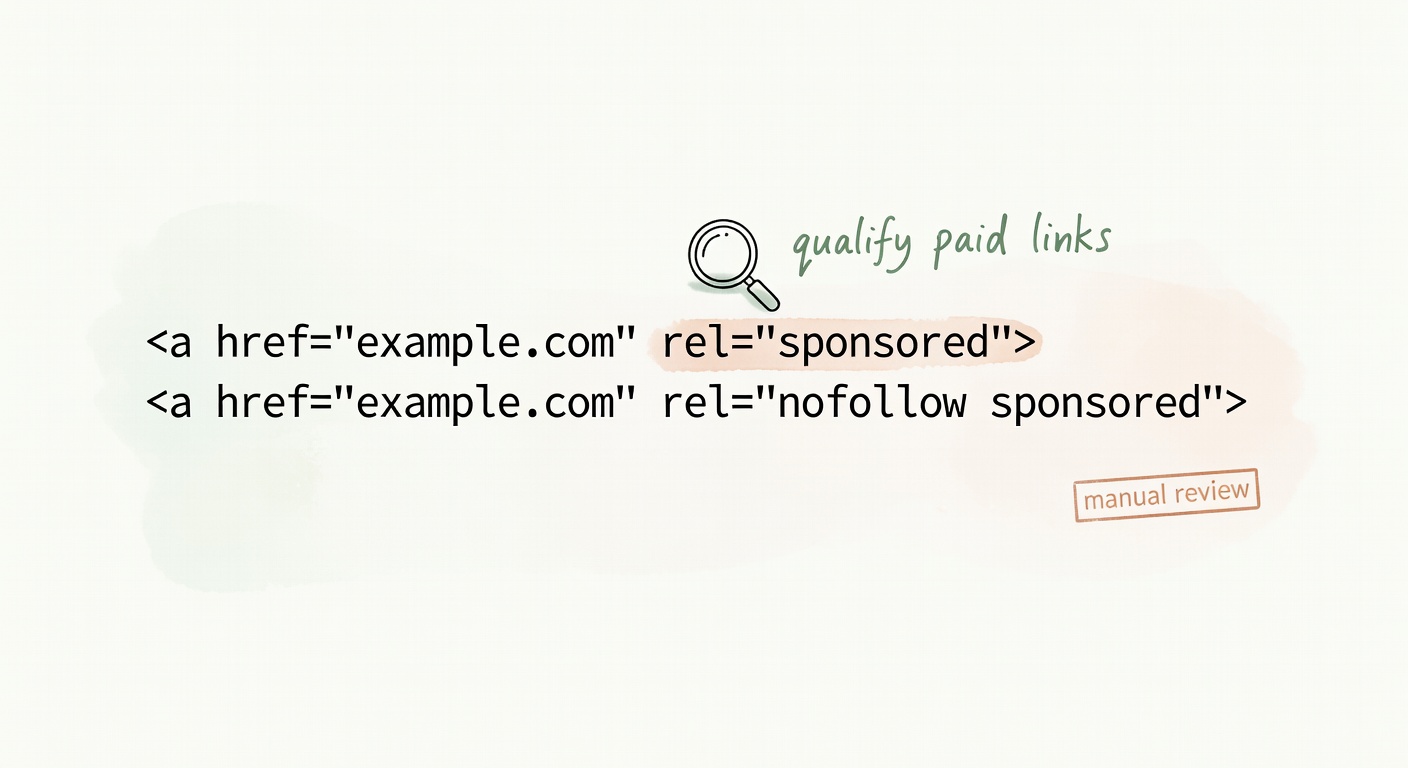 A simple code visual highlighting rel='sponsored' (and nofollow as acceptable) on an affiliate outbound link.