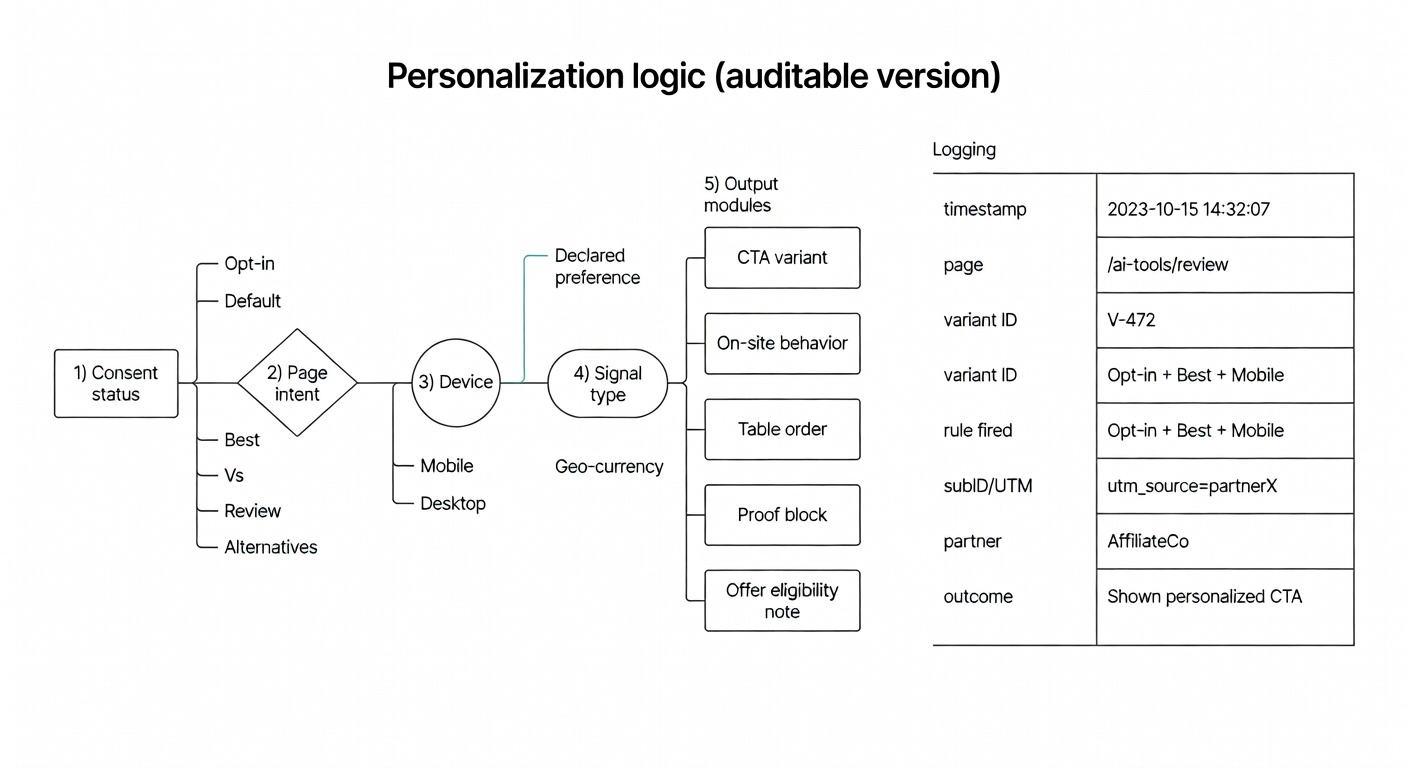 A decision tree that makes personalization boring on purpose: consent first, then intent and device, then a logged module change you can roll back.
