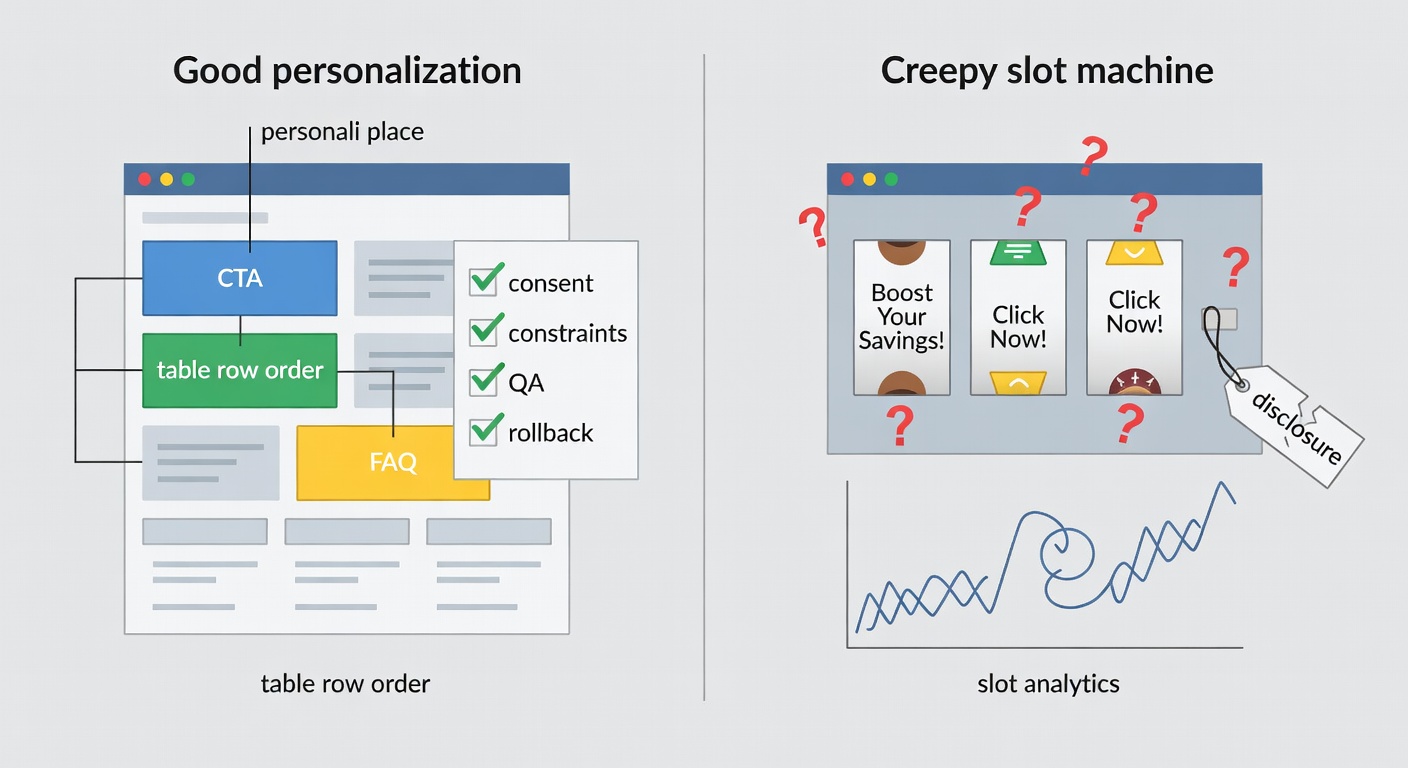 A side-by-side of personalization done like an audit (modules + rules) versus personalization done like chaos (random variants and mystery outcomes).