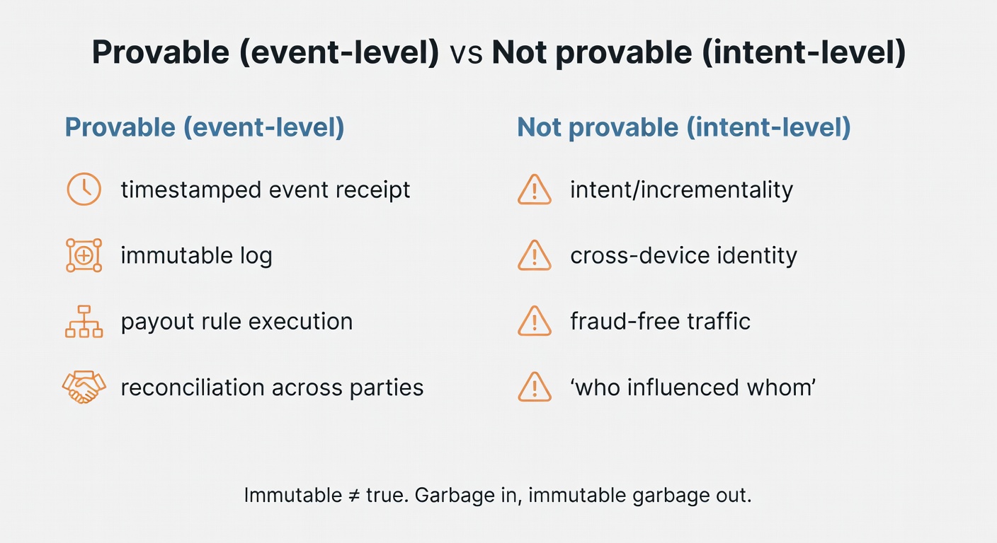 A two-column chart separating what blockchain can prove in affiliate attribution (events and receipts) from what it can’t (intent, incrementality, identity).