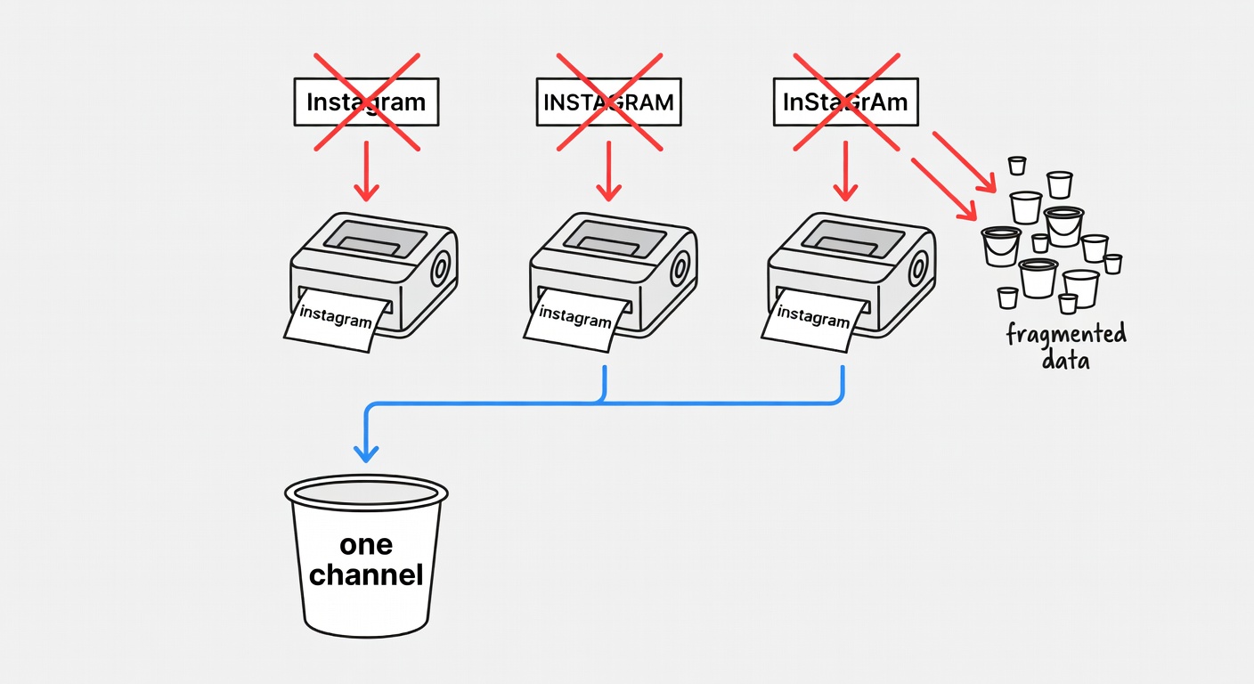 Lowercase UTM labels funnel into one clean bucket while mixed-case variants scatter into fragmented buckets.