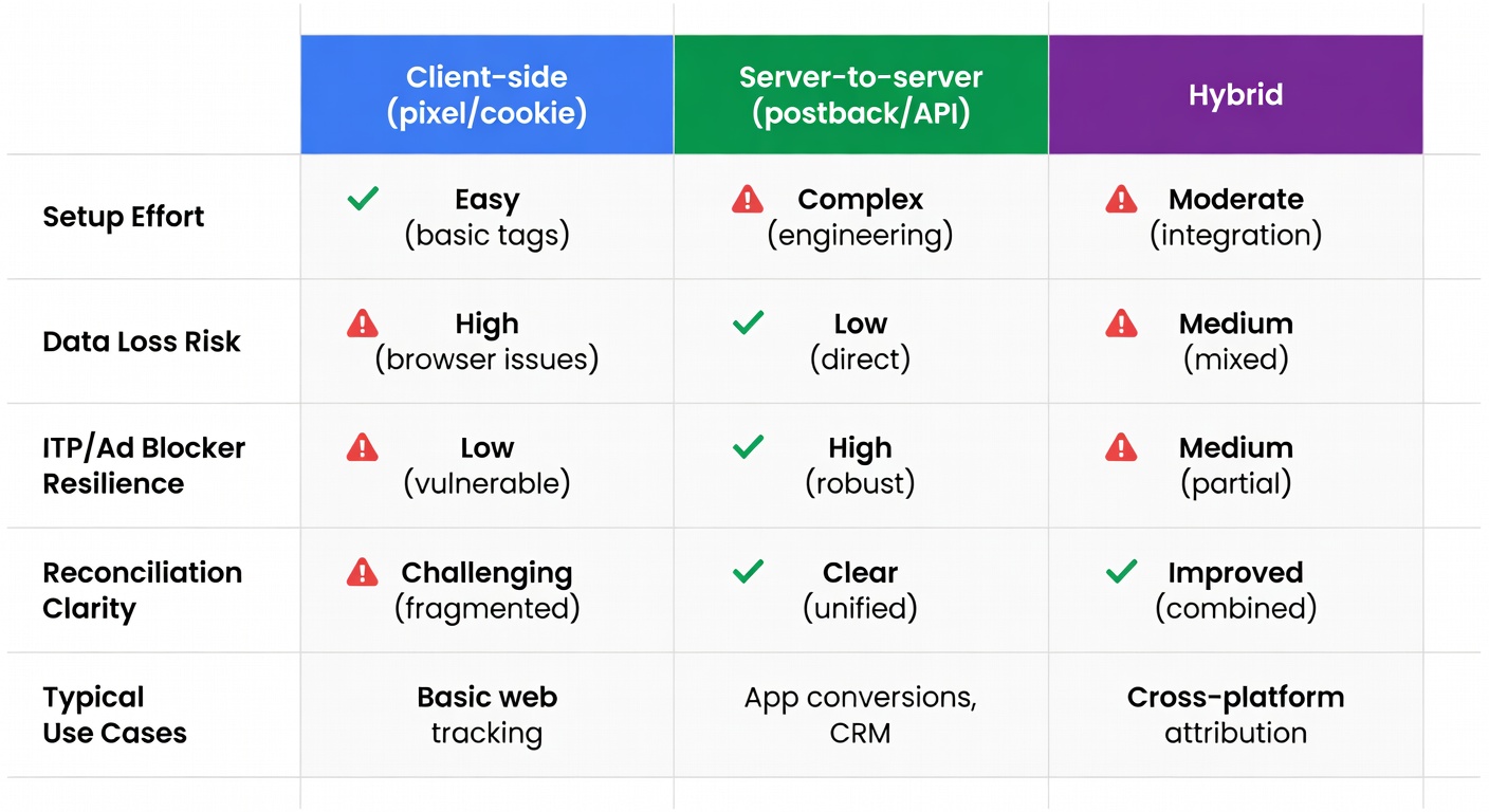 A side-by-side table comparing client-side, server-to-server, and hybrid affiliate tracking across setup effort, loss risk, and resilience.