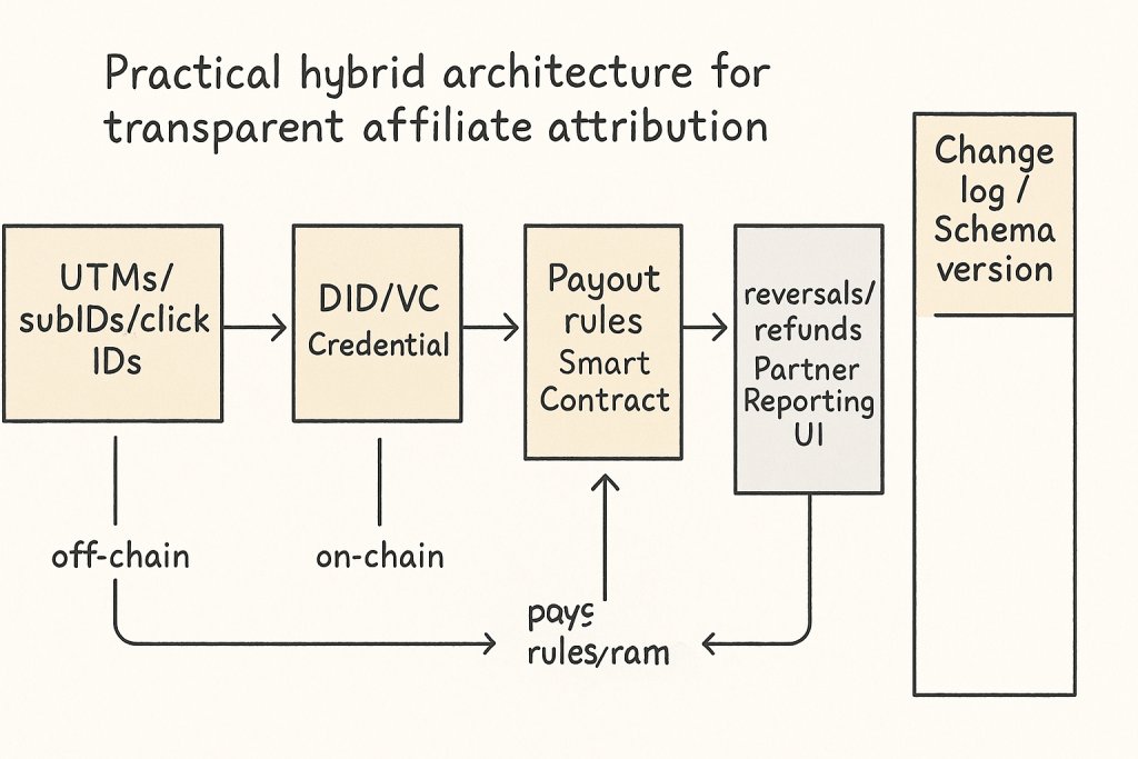 A step-by-step diagram showing off-chain tracking feeding verifiable credentials, which get anchored on-chain and trigger smart-contract payouts with a change log alongside.