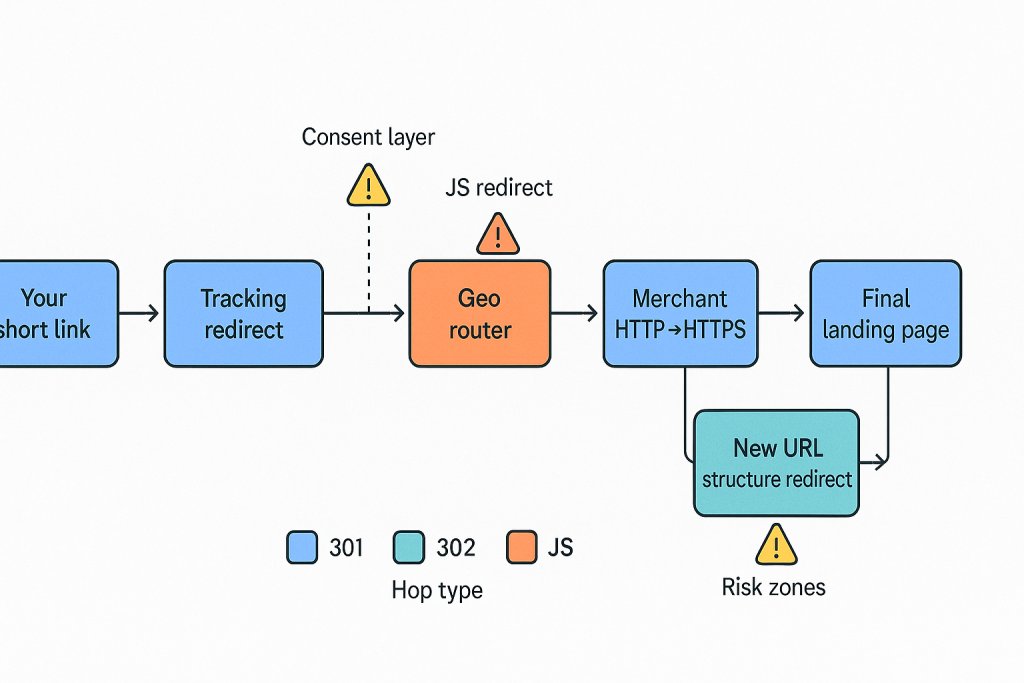 Flowchart of a real affiliate click: short link to tracking to network to geo routing to merchant redirects—plus the spots where consent or JS can eat attribution.