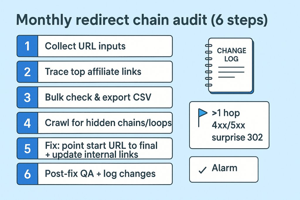Six-step monthly workflow card: gather URLs, trace, bulk-check, crawl, fix to one hop, QA again—and write it all down in a change log.
