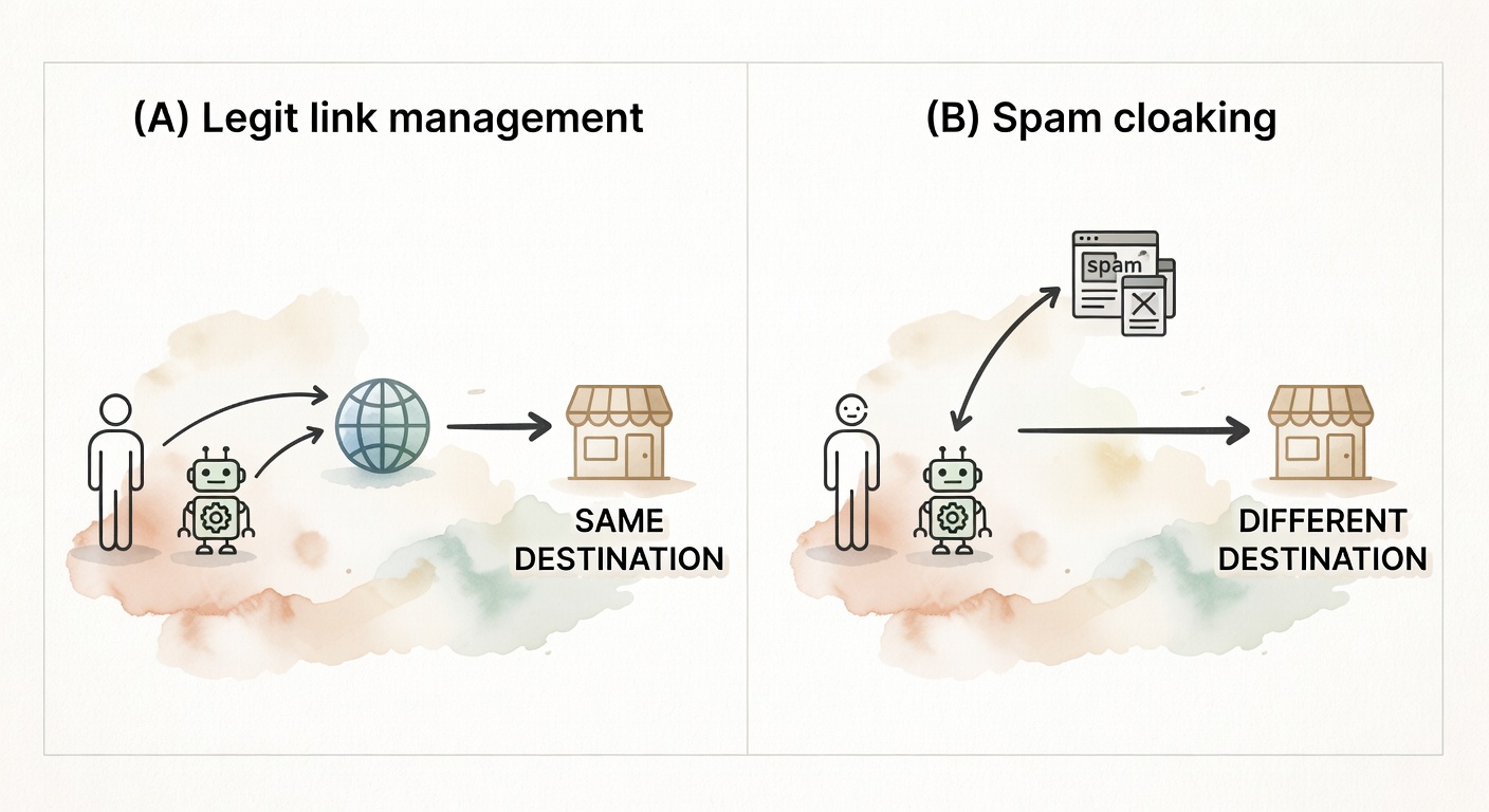 A side-by-side diagram contrasting legit affiliate redirects (same destination for humans and bots) versus spam cloaking (different destinations).