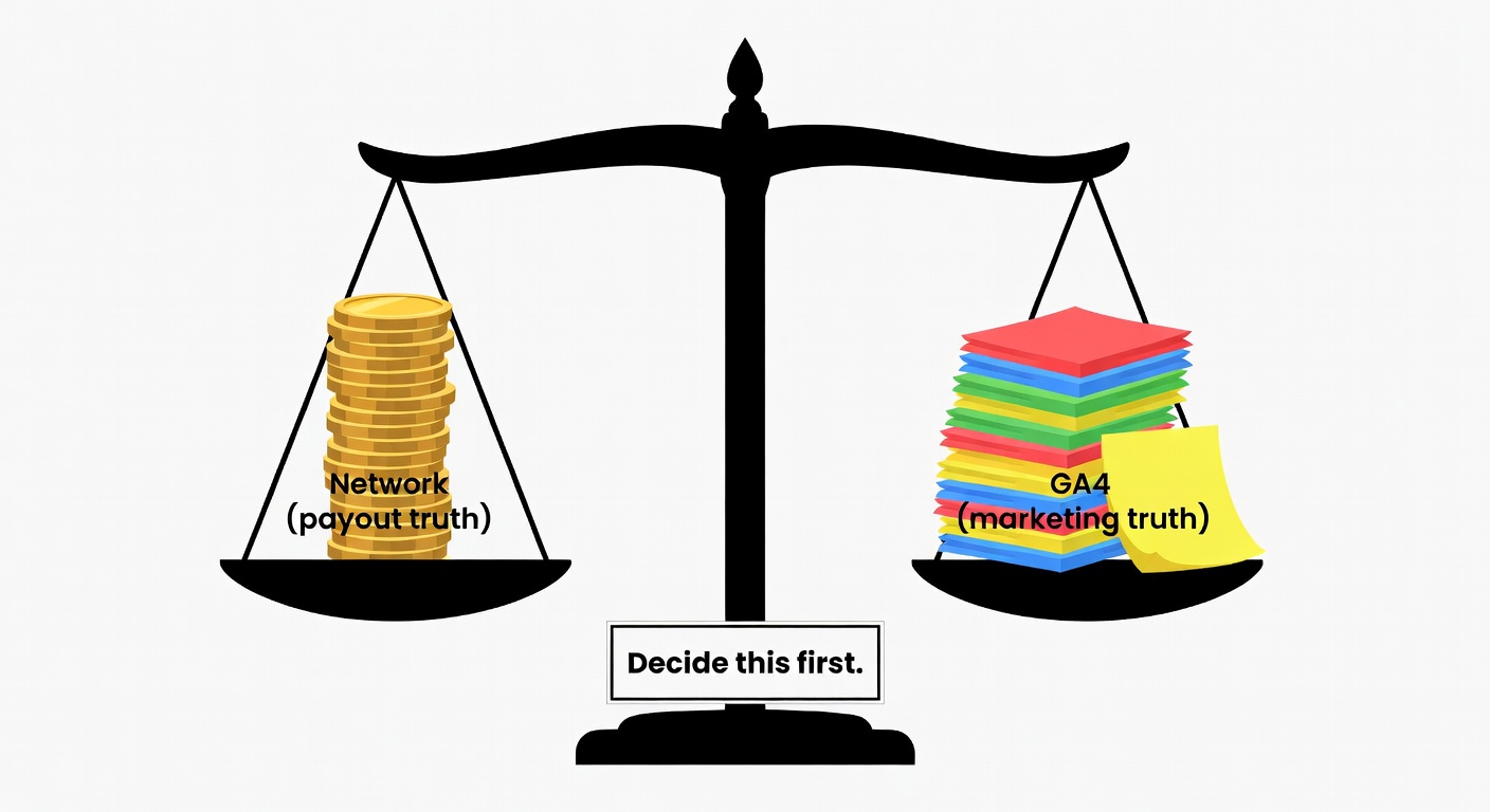 A balance scale weighing ‘Network payout truth’ against ‘GA4 marketing truth’ with a note to decide the source of truth first.