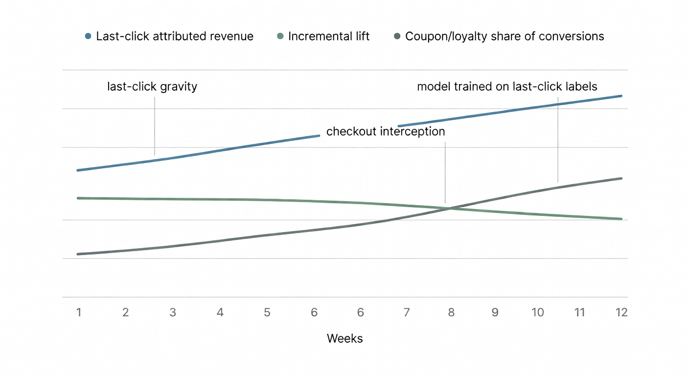 A line chart where last-click revenue climbs while incremental lift stays flat and coupon share rises—classic last-click gravity in picture form.