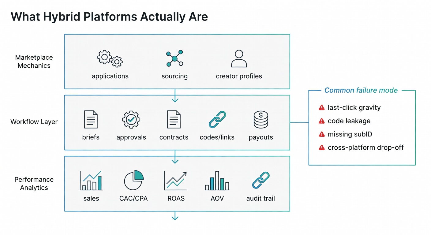 A three-layer stack diagram breaking hybrid platforms into marketplace mechanics, workflow, and performance analytics, with a callout of common failure modes.