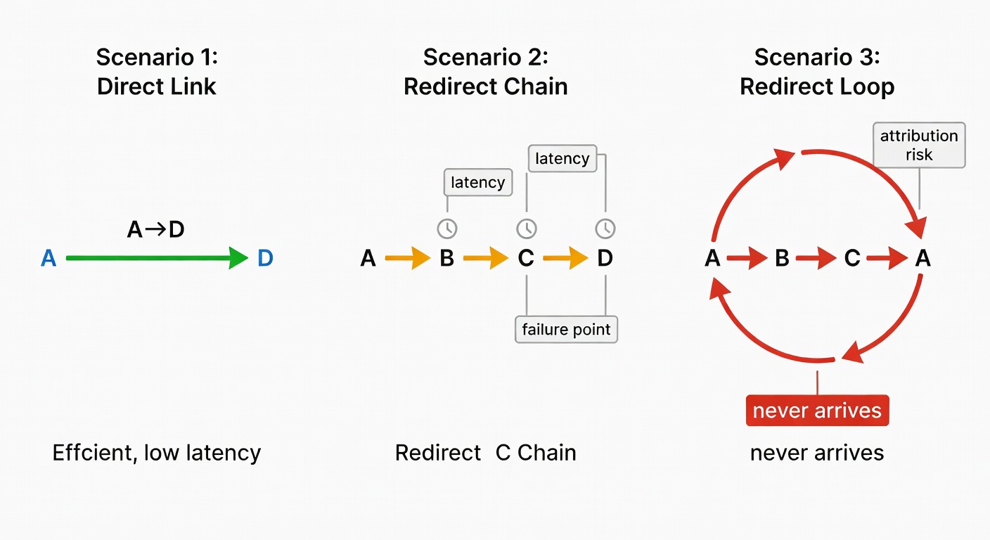 Side-by-side diagram: the clean one-hop path, the multi-hop chain that slows things down, and the loop that traps the click forever.