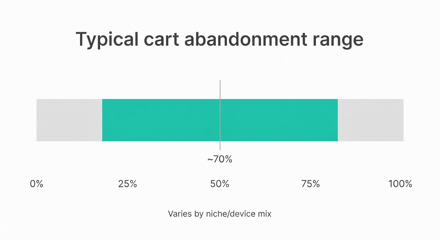 A range chart highlighting cart abandonment commonly falling between 55% and 80%.