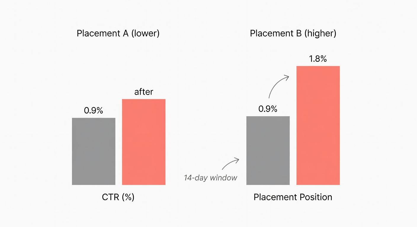 Bars compare CTR before and after a link move, showing a jump from 0.9% to 1.8% over a 14-day window.