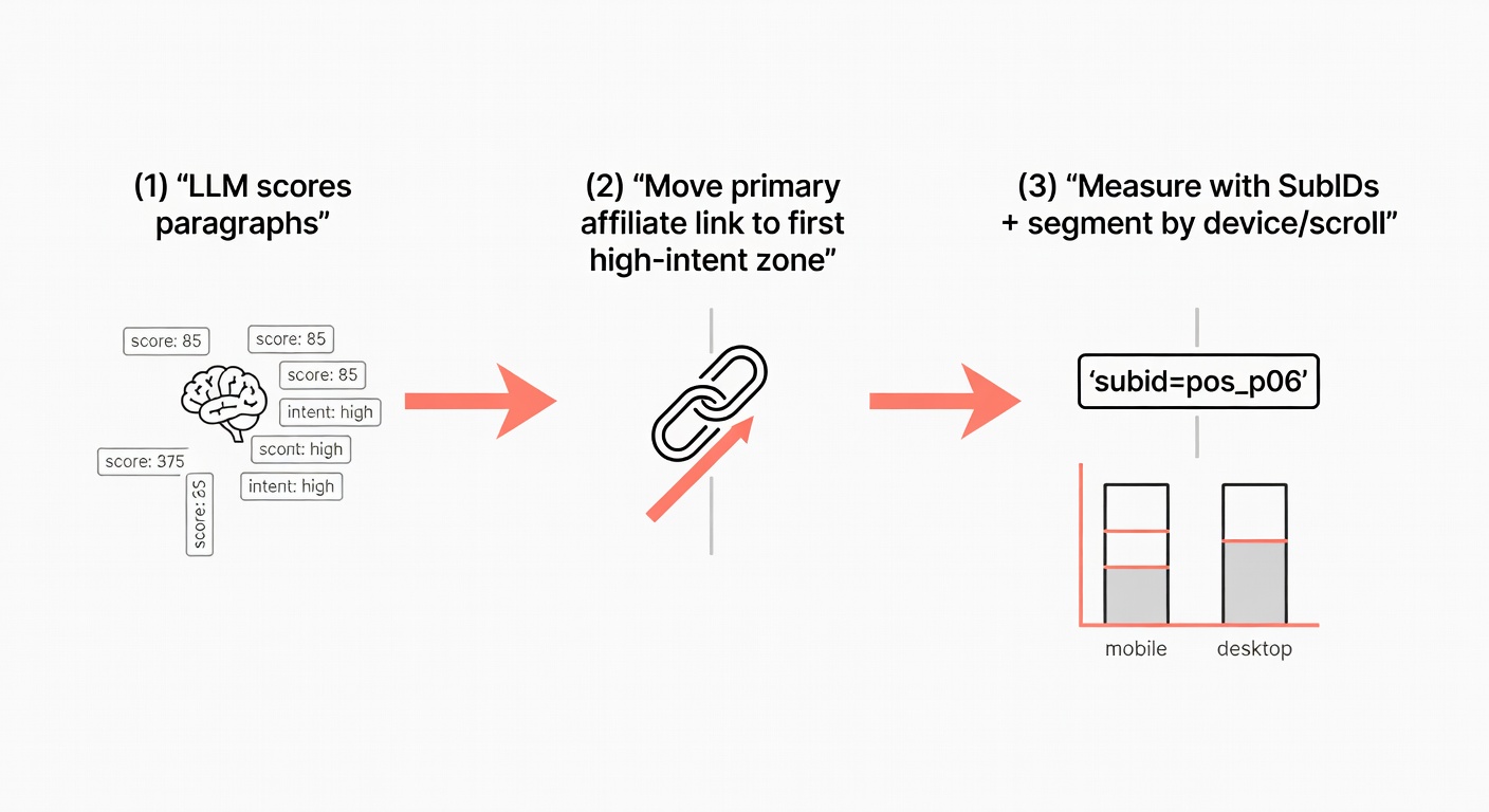 A three-step pipeline shows scoring paragraph intent, moving the link upward, then measuring results with SubIDs and segmentation.