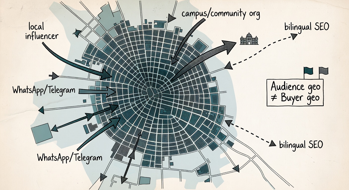 A shaded metro map showing how tight community sharing and bilingual SEO can create real geo clusters that look suspicious.