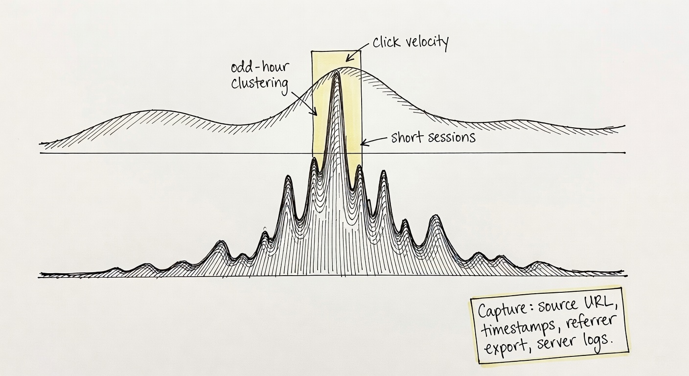 A baseline traffic line and a sudden viral spike with callouts for the exact signals fraud tools tend to flag.