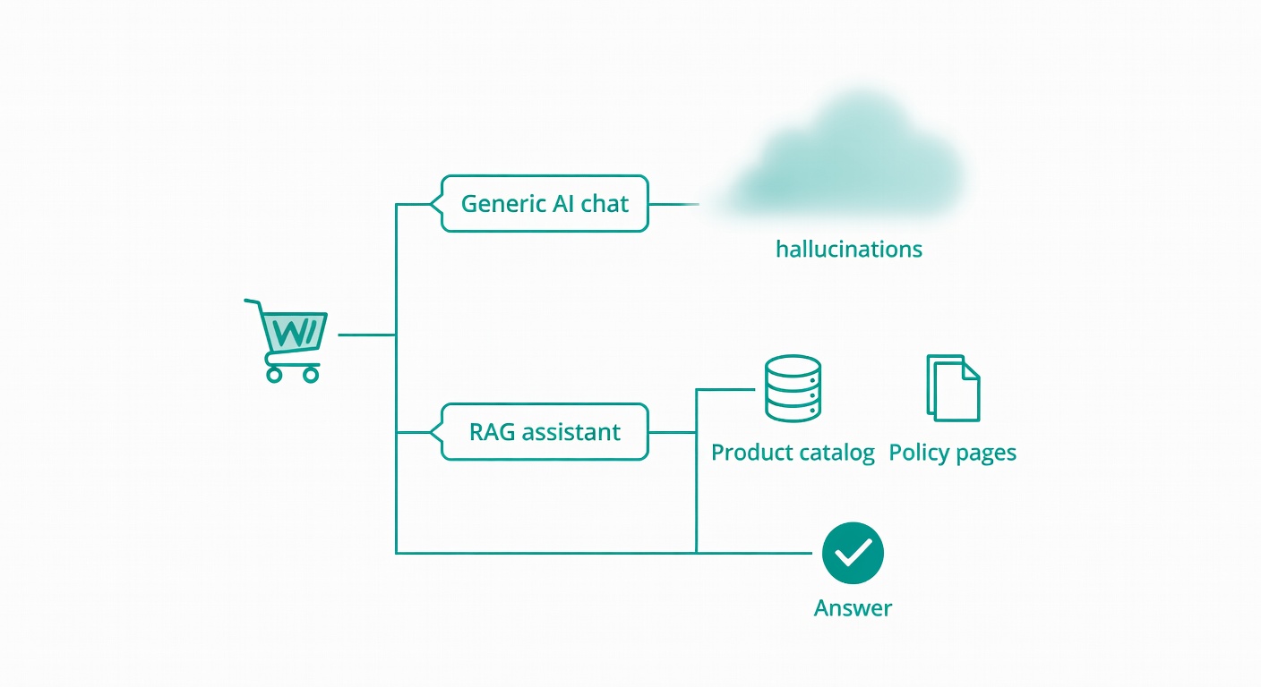 Diagram contrasting generic AI chat with a RAG assistant grounded in product data and policy pages.