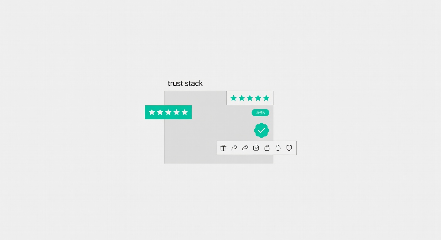 A product page silhouette with review and trust elements stacking into place.