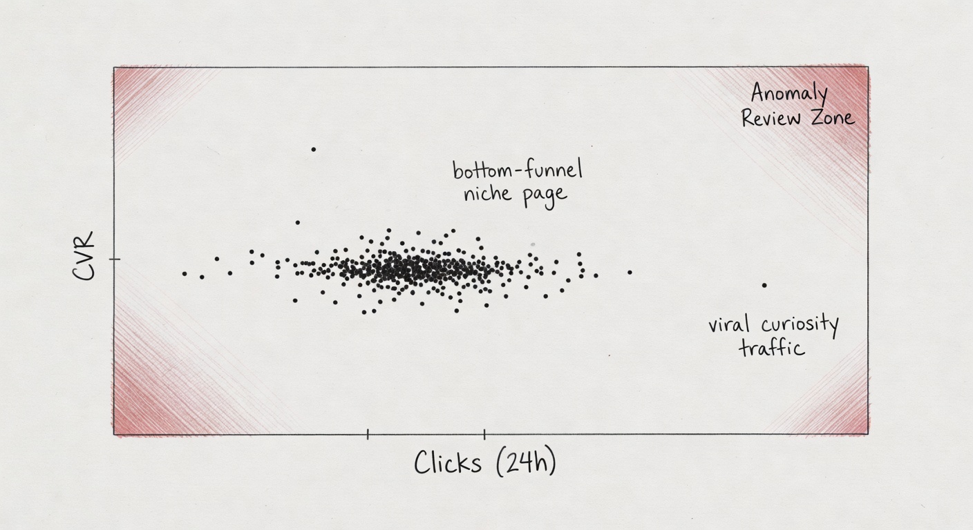 Scatter plot showing how viral spikes and niche high-CVR pages land in the ‘anomaly’ corners even when they’re legitimate.