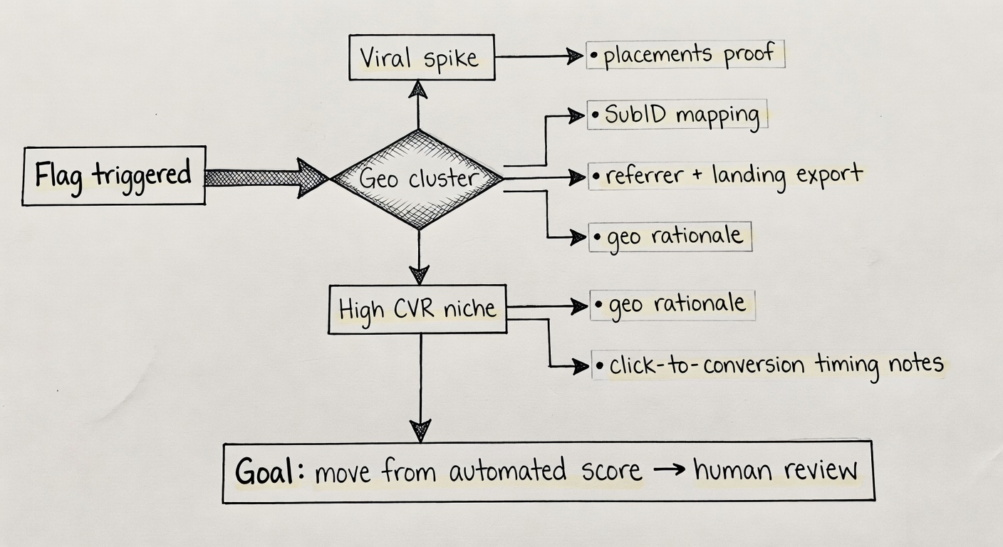 A flowchart for responding to a fraud flag with the exact evidence packet that makes your traffic explainable.