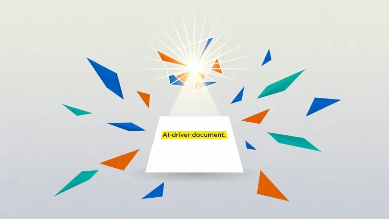Document with one key sentence highlighted while abstract AI shapes read it