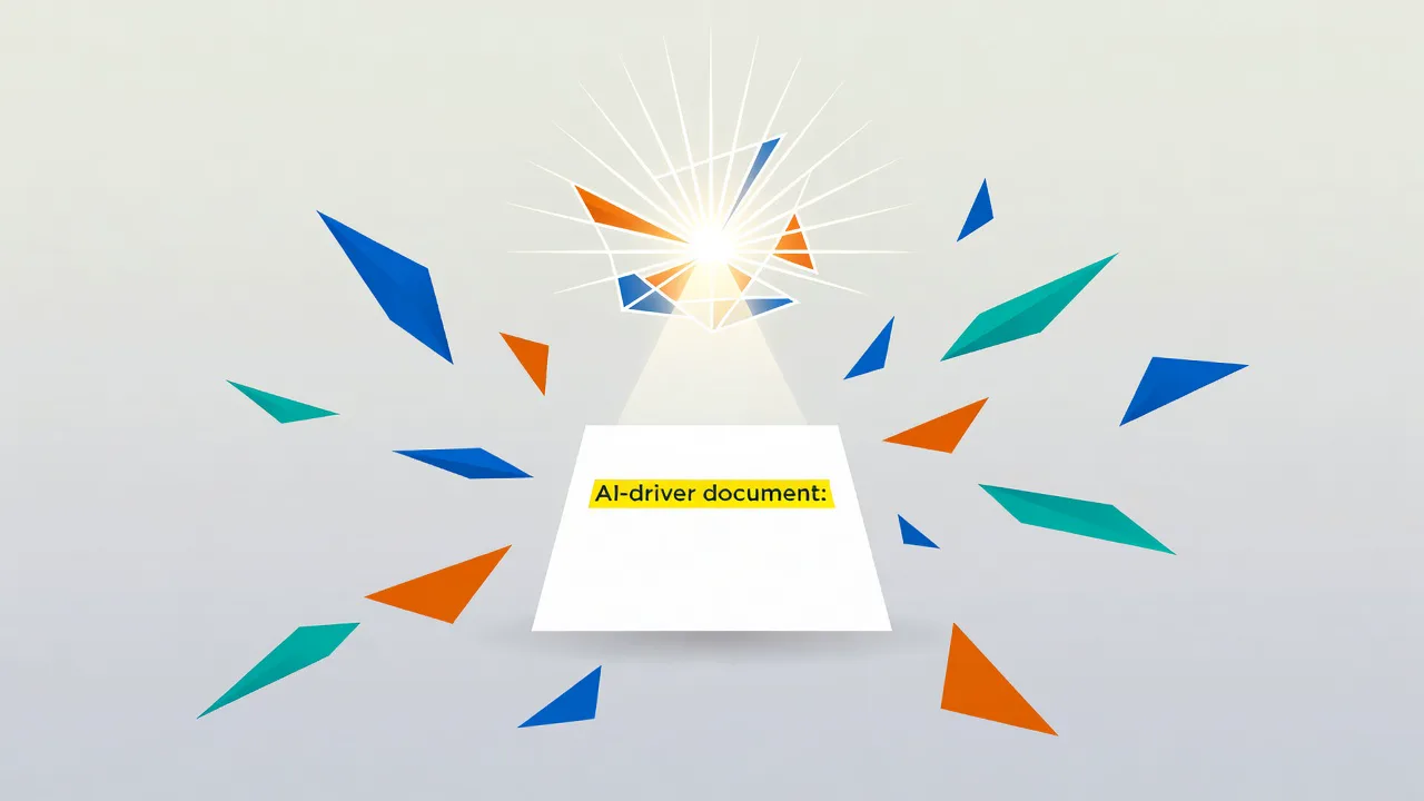 Document with one key sentence highlighted while abstract AI shapes read it