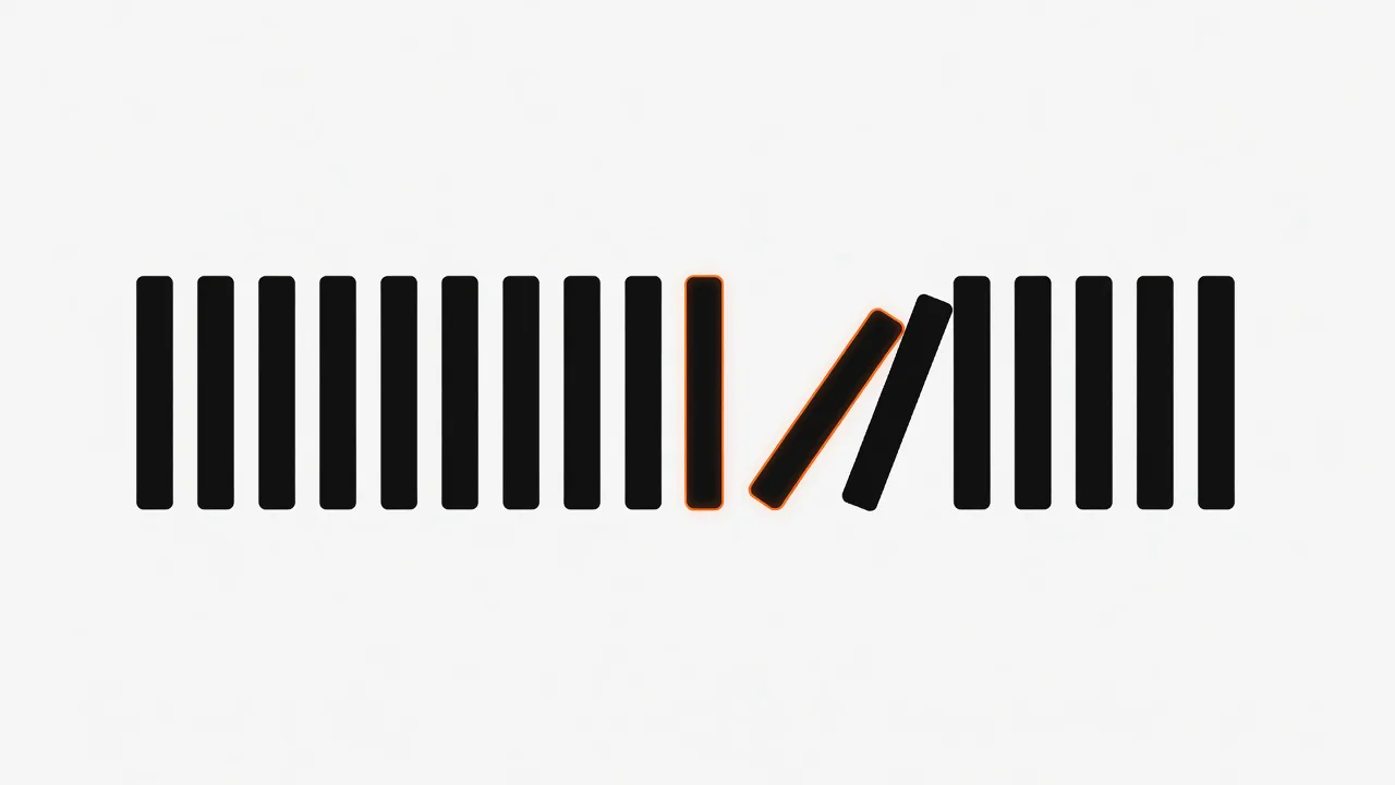 A line of toppling dominoes interrupted by a missing piece - incident response stopping a cascade