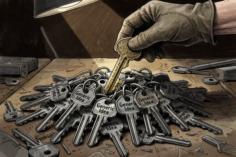 An illustration of a hand selecting a uniquely crafted key from a pile of identical generic ones