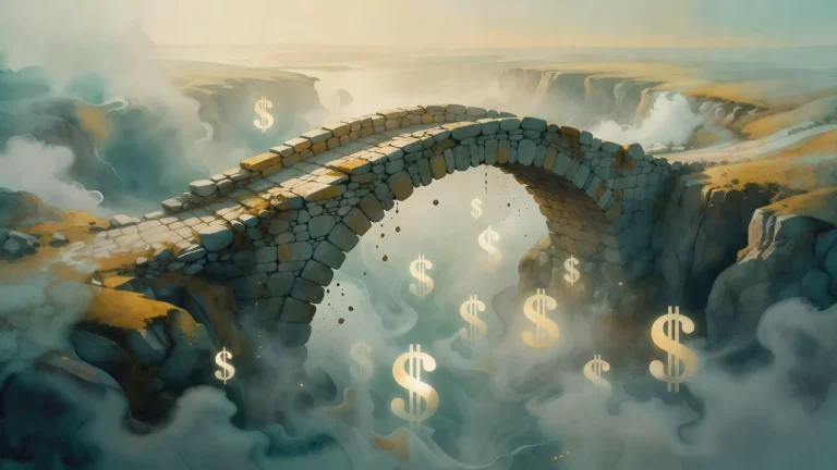 Abstract watercolor bridge dissolving into mist, representing fragile affiliate revenue forecasts
